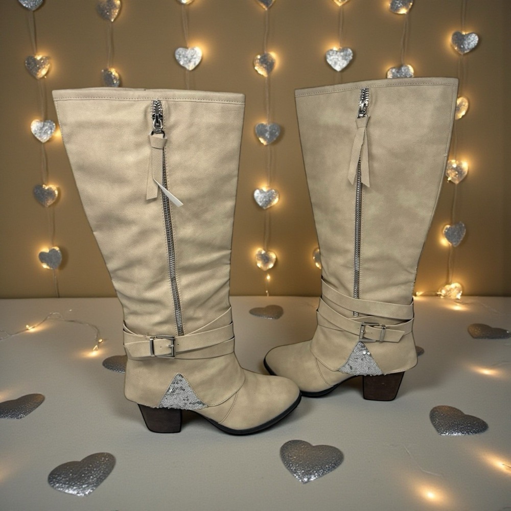 🤑😱Y2K Sexy Cream‎ Tall Zip Up (Sparkle Sequin QUEEN) Buckles! Sz 6.5 💖🔥